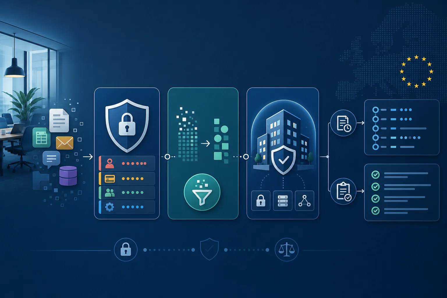 Illustration eines abstrakten Team-Workflows mit Datenschutzprüfung, Anonymisierung und freigegebener Enterprise-Umgebung.