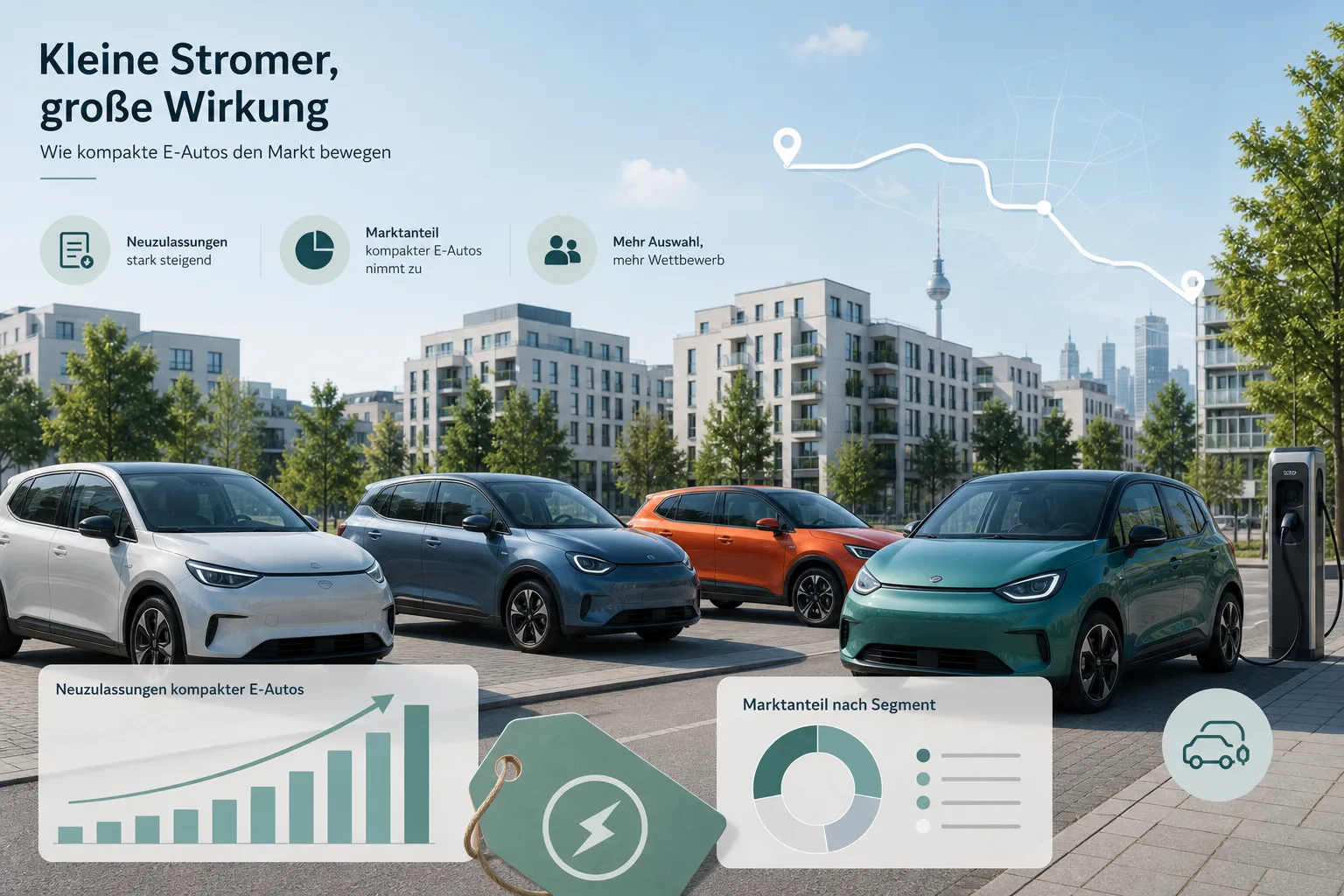 Editoriale Infografik zu kleinen bezahlbaren Elektroautos in einer europäischen Stadt