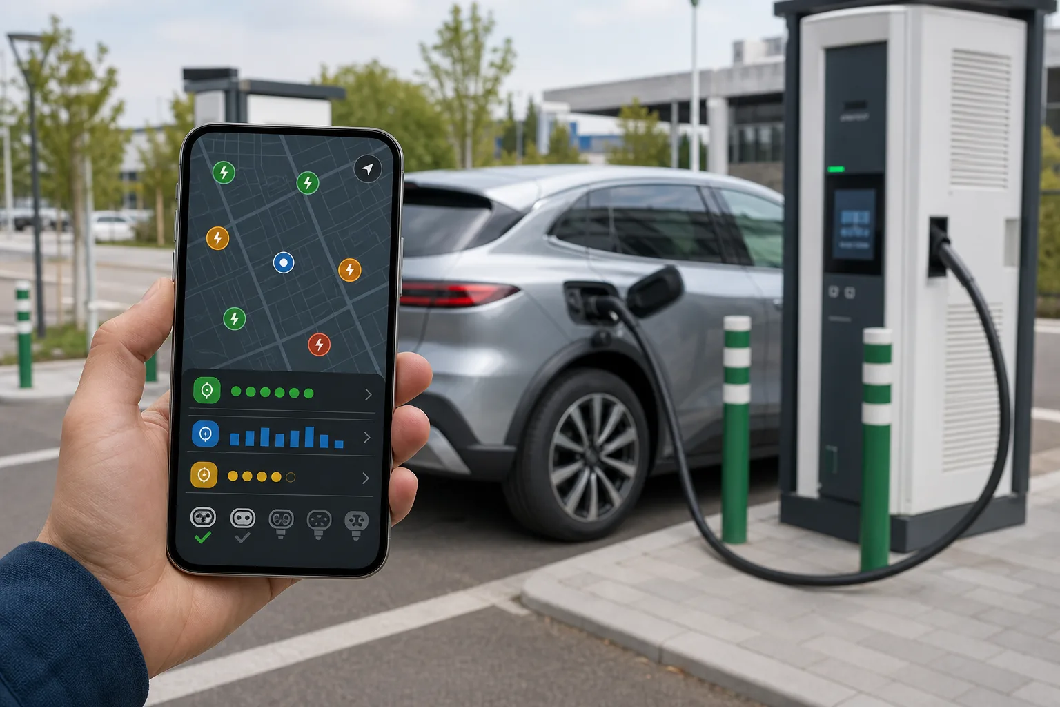 Smartphone mit Lade-App vor einem E-Auto an einer Ladesäule, die Daten zu Verfügbarkeit, Preis und Ladeleistung symbolisiert.