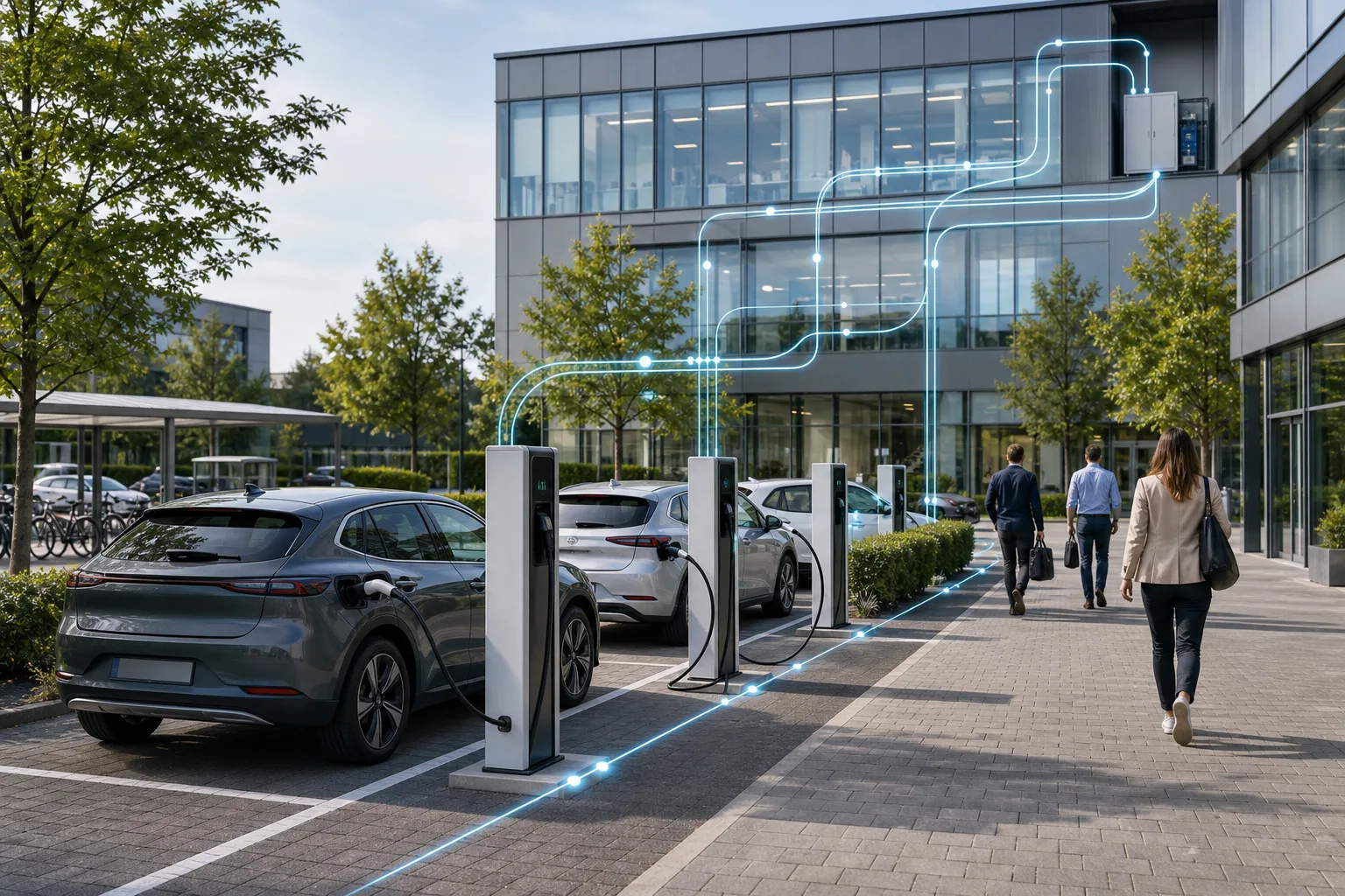 Redaktionelles Bild eines Firmenparkplatzes mit E-Autos an generischen Ladepunkten.