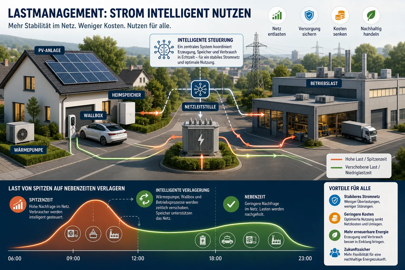 Infografik zu Lastmanagement: Wärmepumpe, Wallbox, PV, Speicher und Industrie verschieben Stromverbrauch zur Entlastung des Netzes.