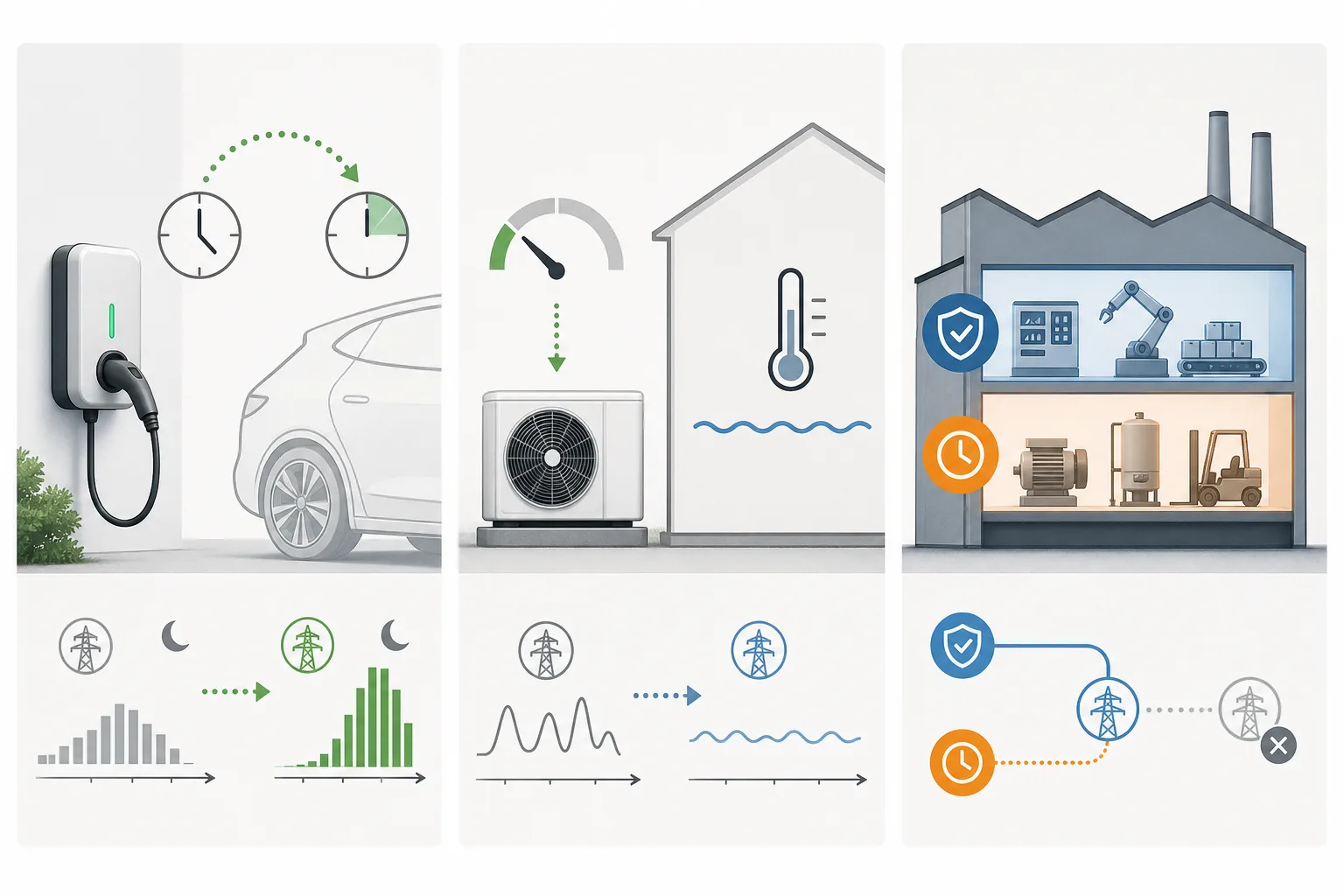 Erklärgrafik zu den drei Mustern Last verschieben, Last begrenzen und Last priorisieren mit Symbolen für Wallbox, Wärmepumpe und Industrie.