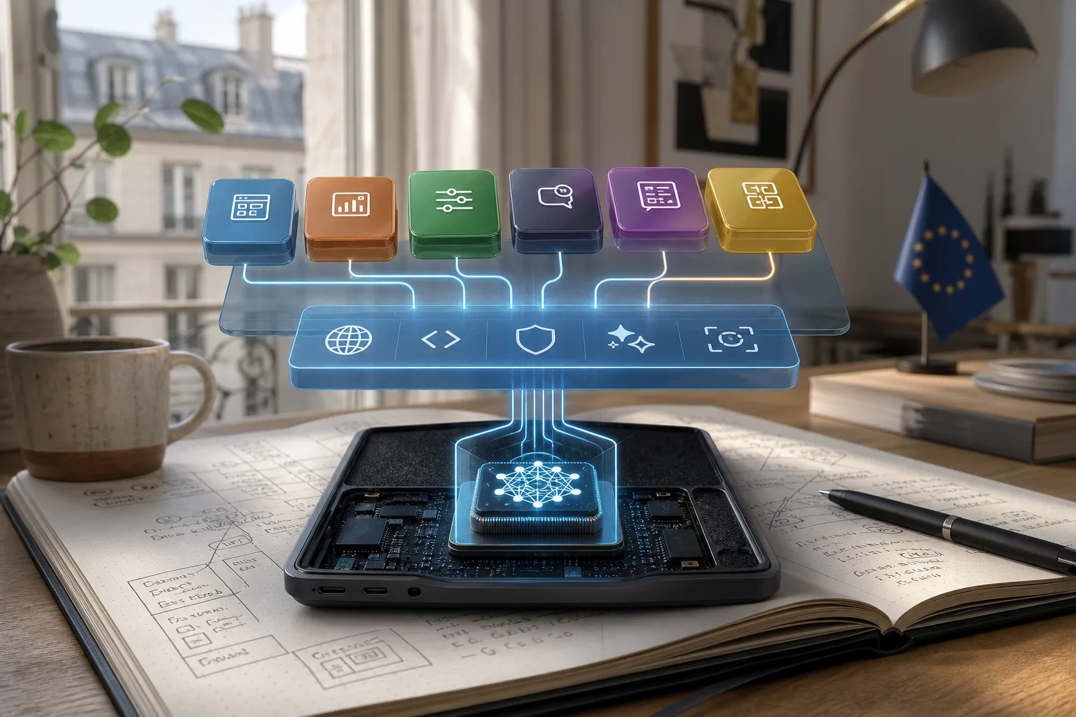 Technische Illustration von Web-App, Browser, WebNN-Schicht und lokaler KI-Hardware.