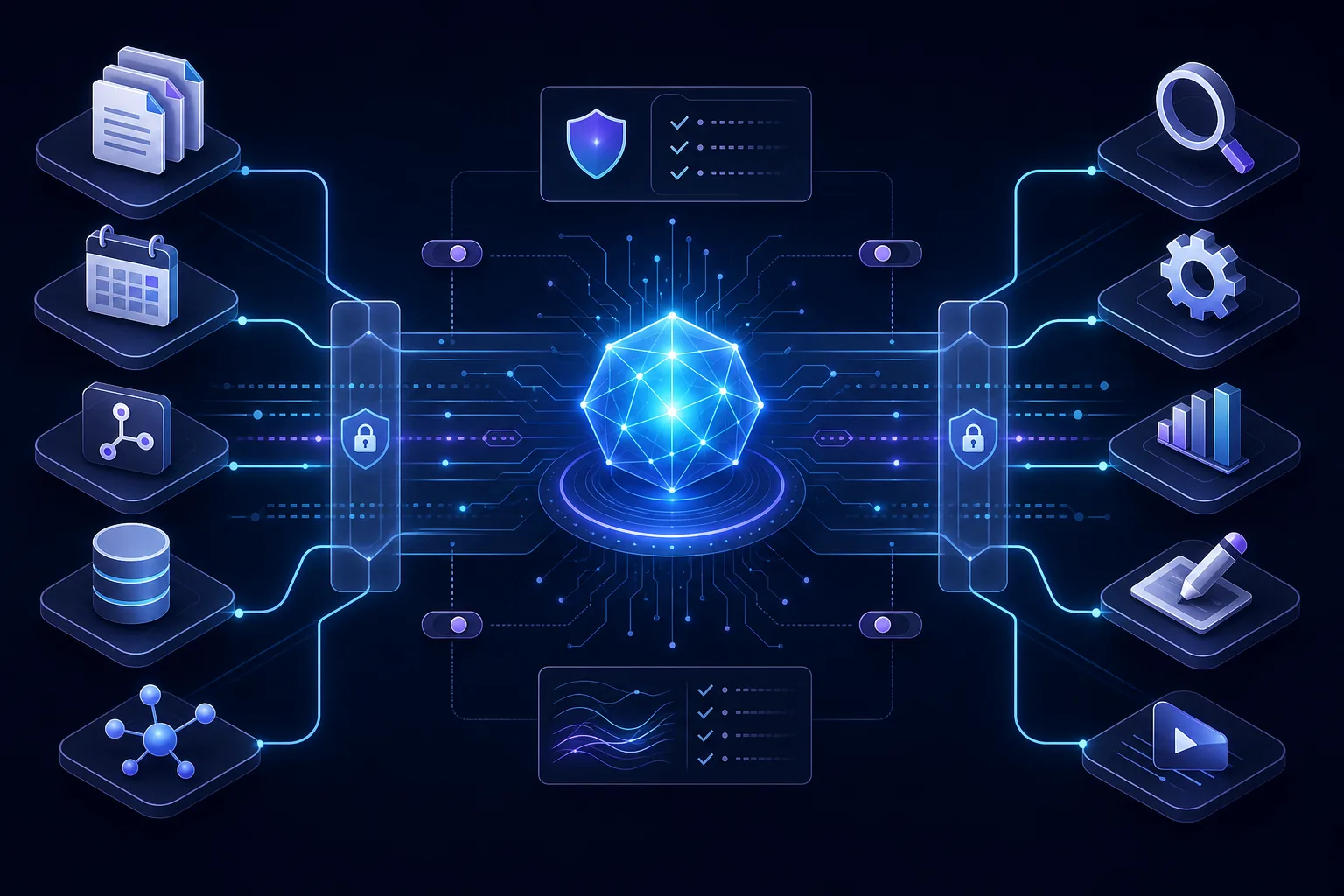 Editorial-Grafik eines KI-Agenten, der über eine sichere Protokollschicht mit Datenquellen, APIs und Werkzeugen verbunden ist