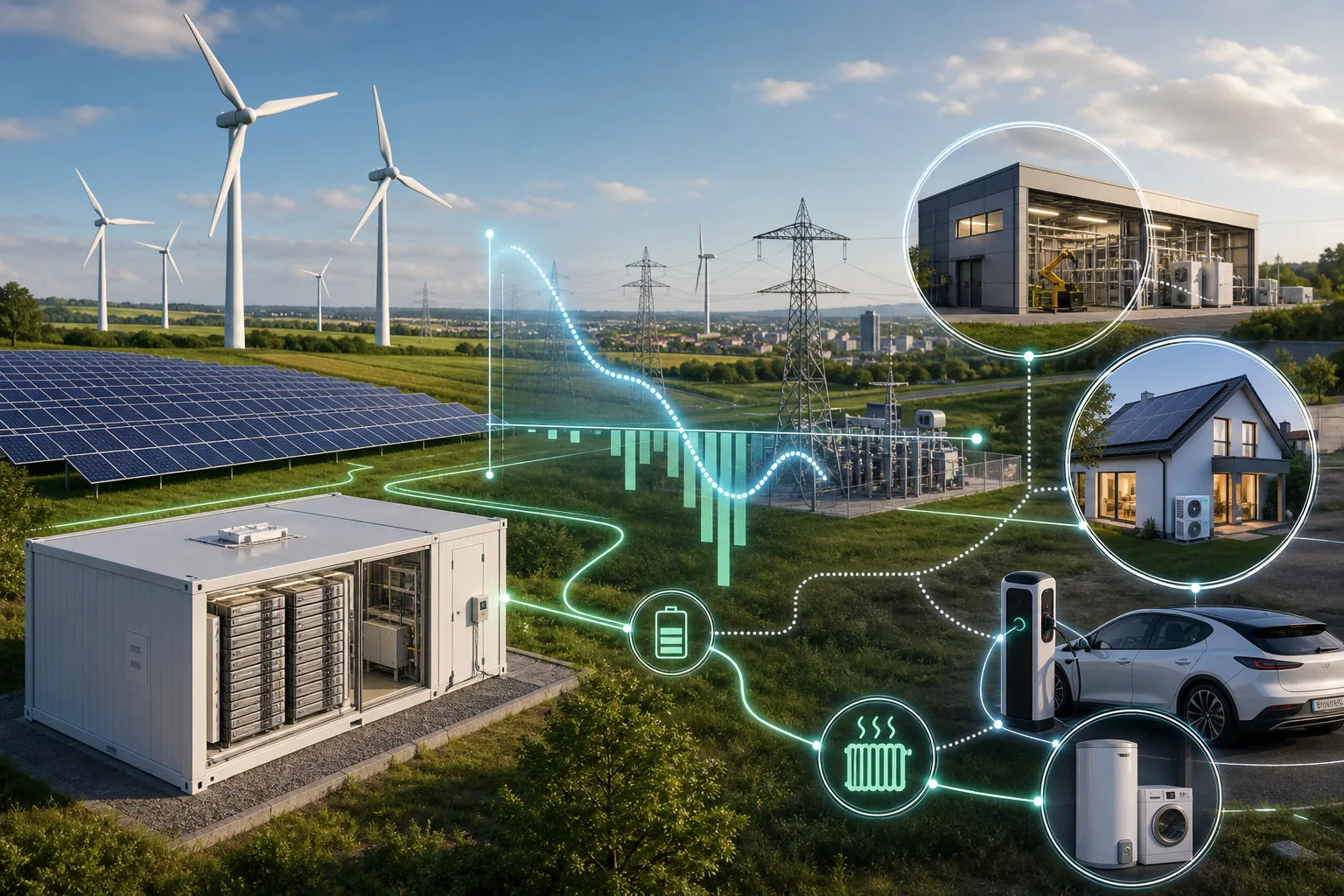 Infografik mit Windrädern, Solaranlagen, Stromnetz, Speicher und flexiblen Verbrauchern als Erklärung für negative Strompreise.