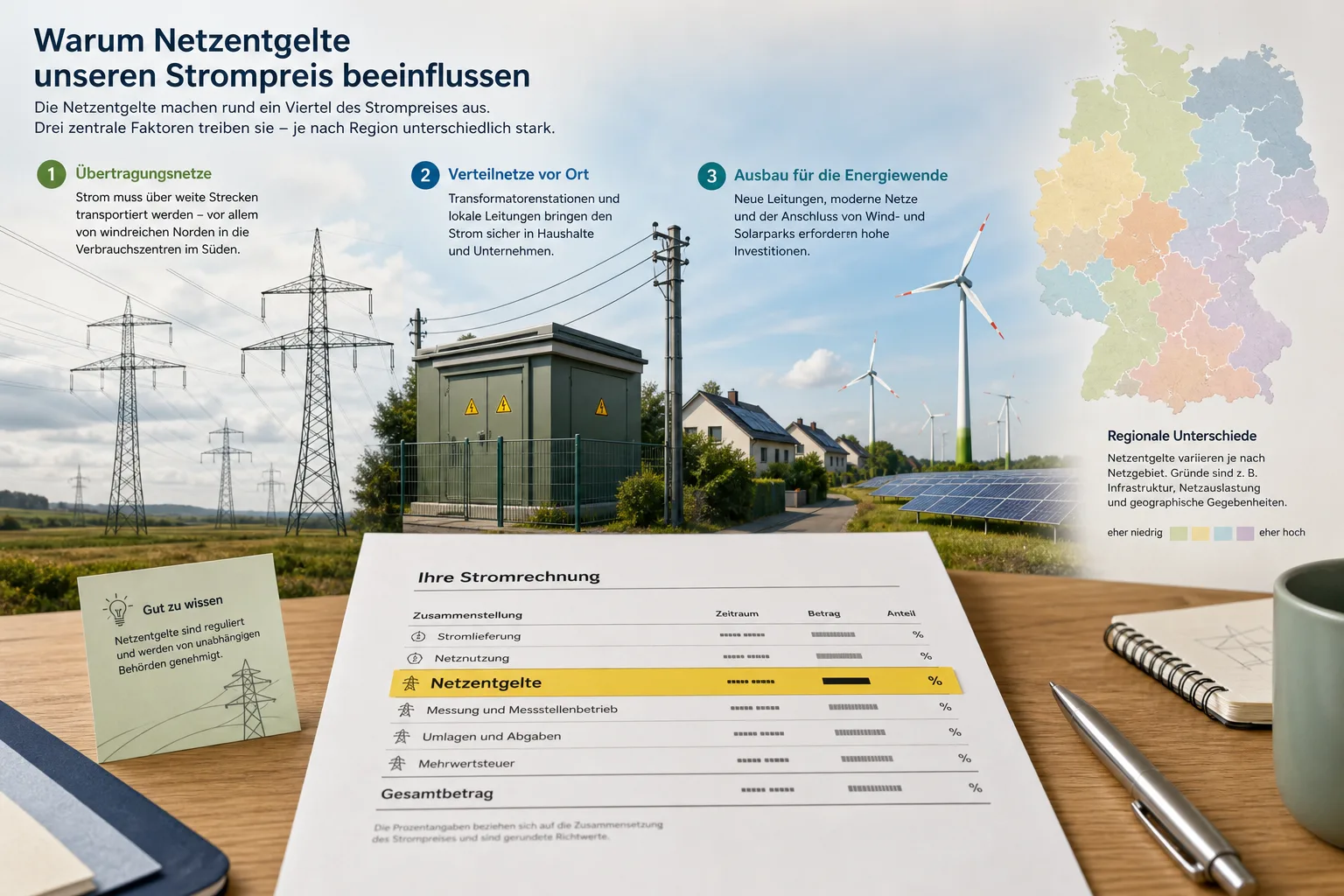 Redaktionelle Infografik zu Netzentgelten, Stromrechnung, Stromnetz und regionalen Kostenunterschieden.