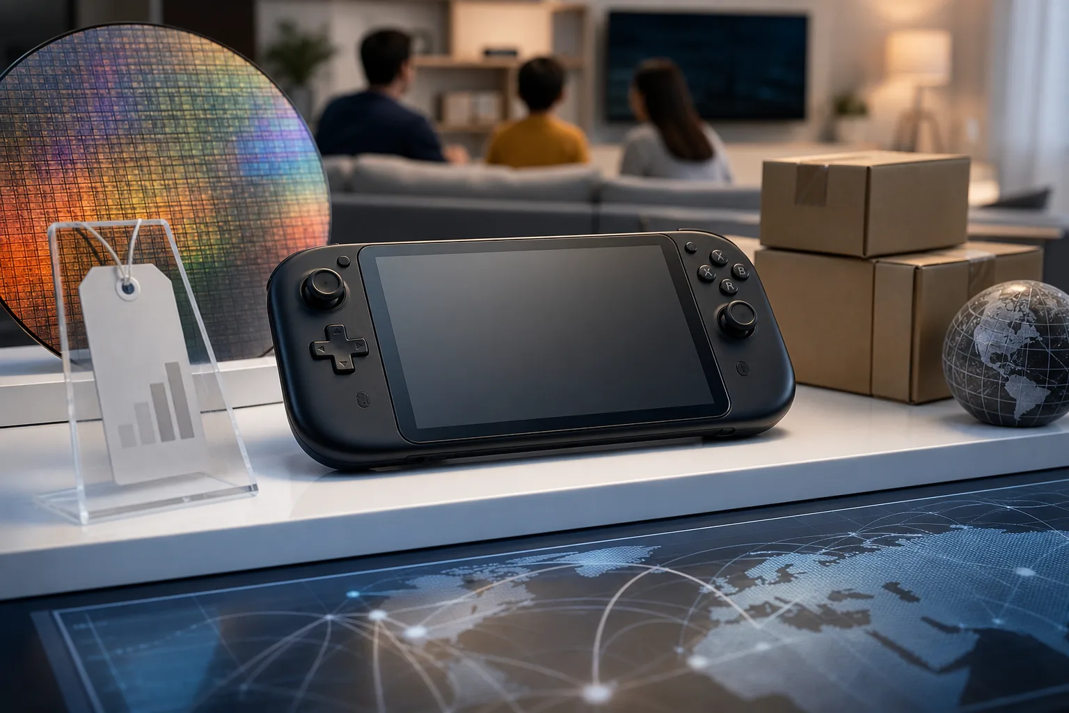Redaktionelle Illustration einer generischen neuen Handheld-Konsole im Handel mit Lieferketten- und Preis-Symbolen.