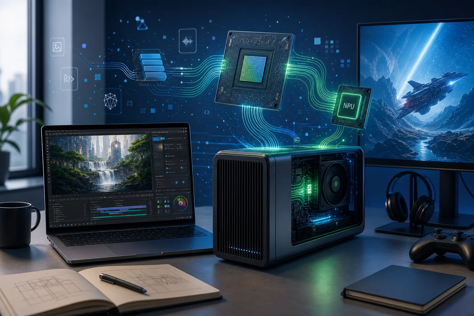 Editoriale Illustration eines KI-PCs mit Chip- und Arbeitswelt-Symbolen ohne Markenlogos.