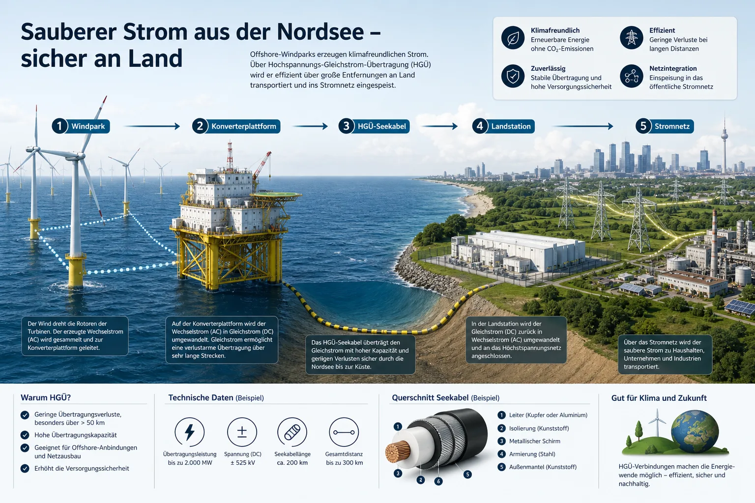 Erklärgrafik zur Offshore-Netzanbindung mit Windpark, Konverterplattform, HGÜ-Seekabel und Stromnetz