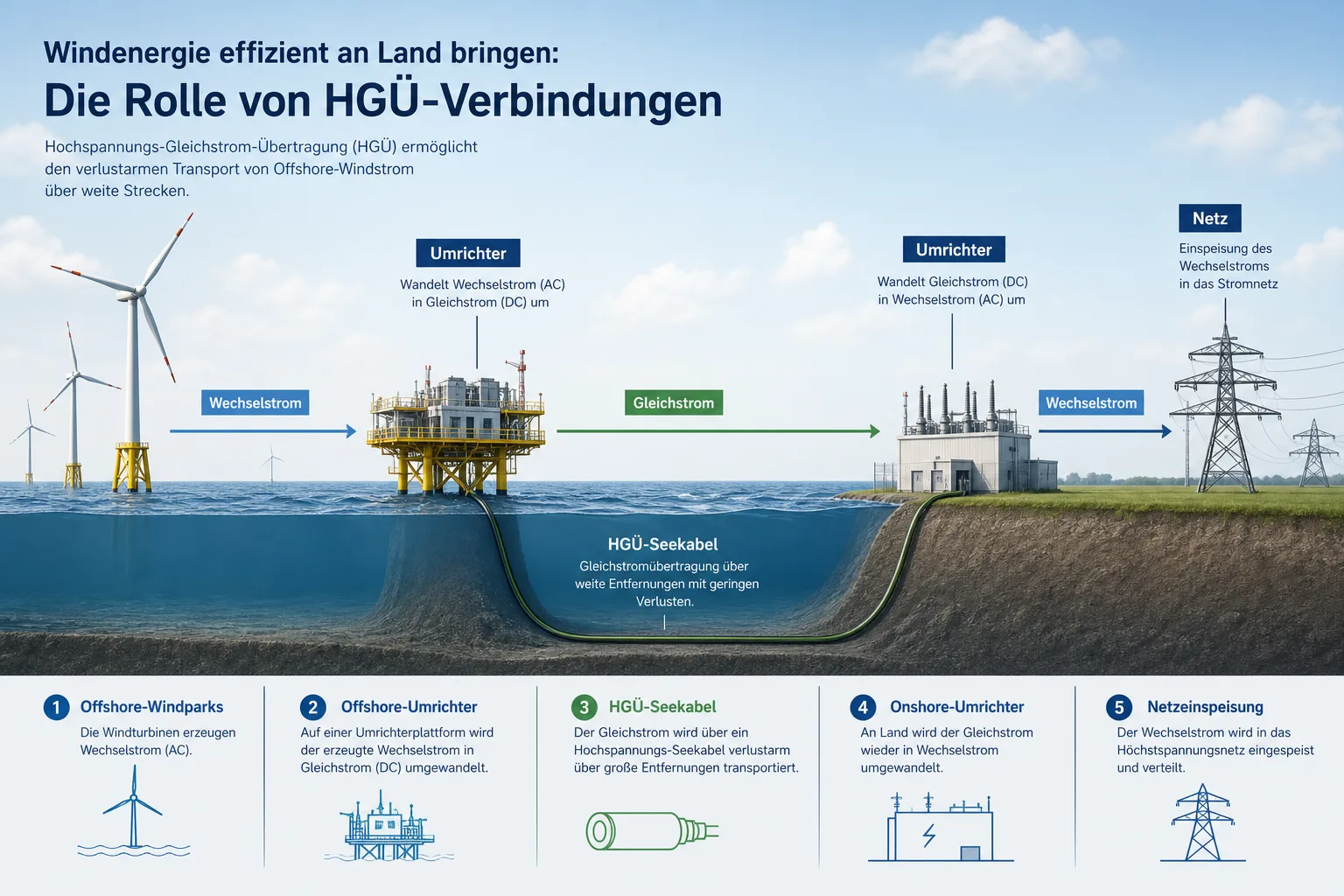 Schematische Darstellung von Wechselstrom, Gleichstrom und Umrichterstationen bei Offshore-Wind