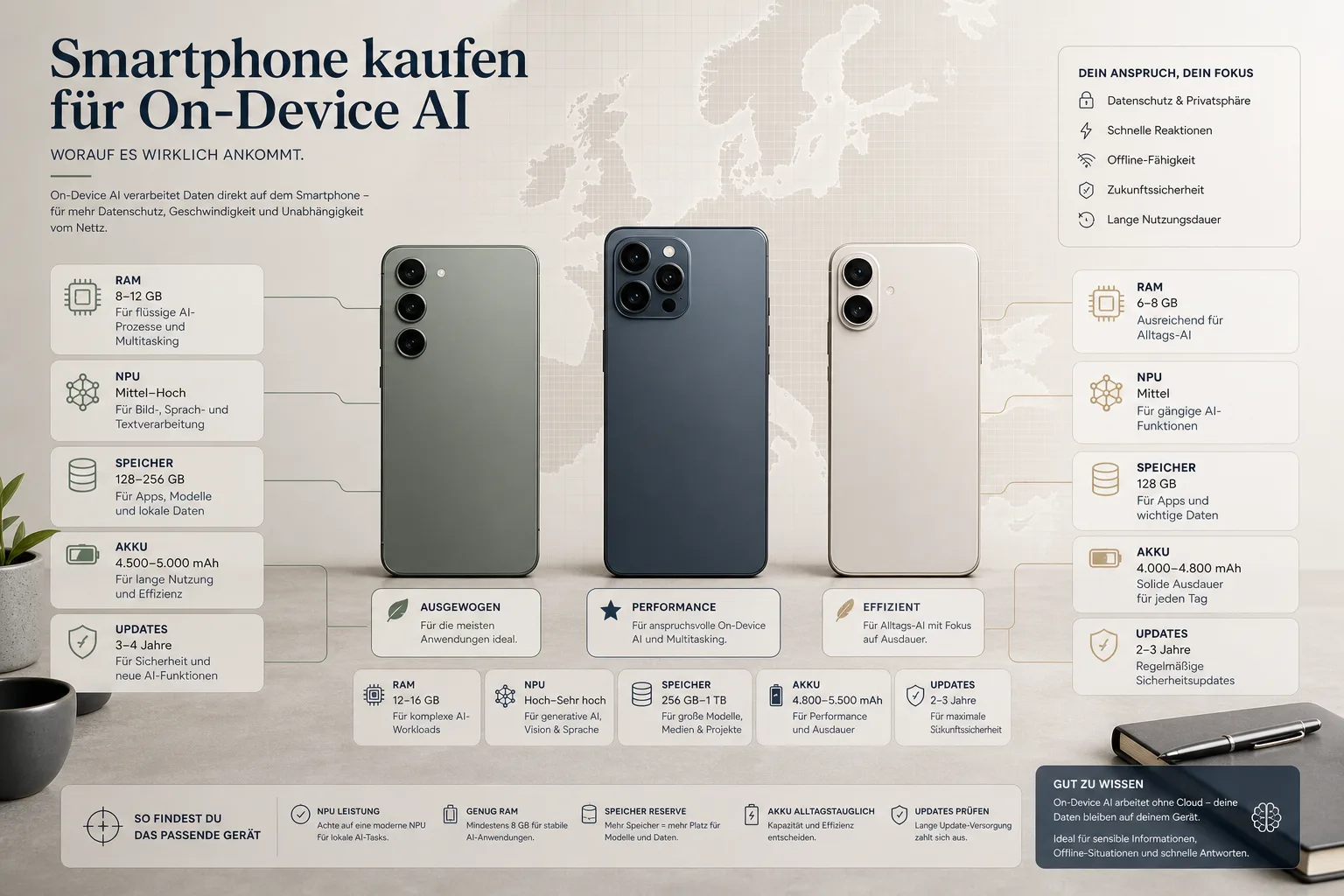 Editoriale Infografik mit drei Smartphones und Hardware-Bausteinen für lokale KI.