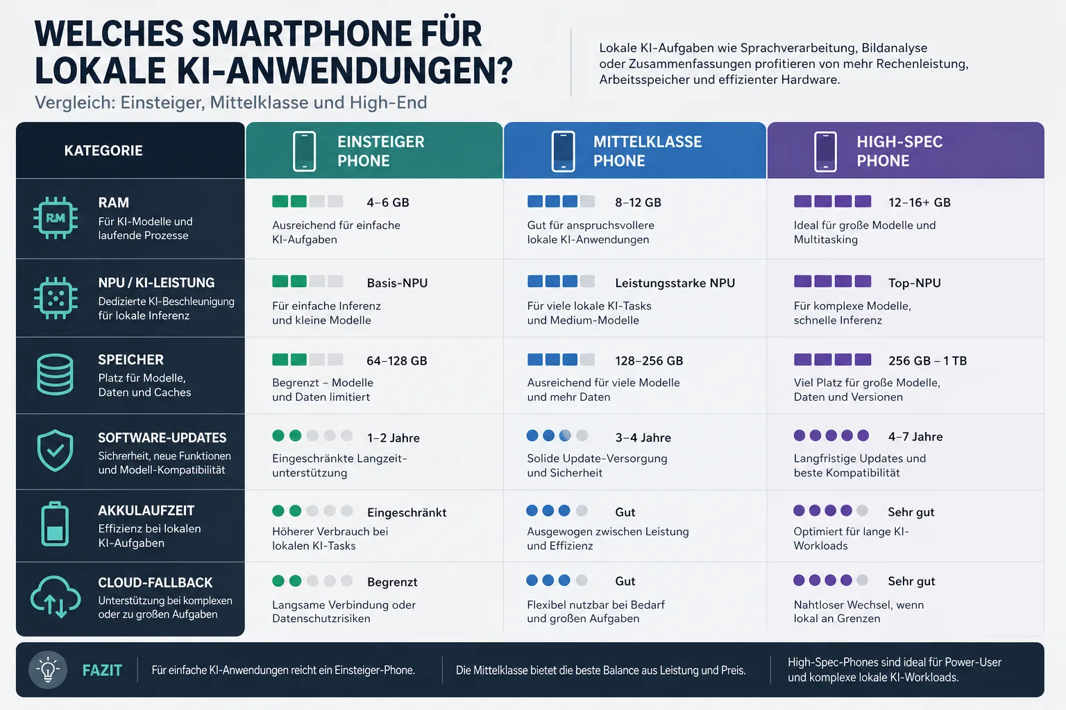Infografik zur Entscheidung zwischen Einstiegsgerät, Mittelklasse und Oberklasse für lokale KI.