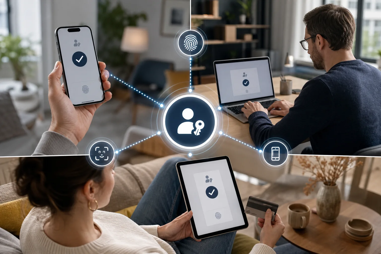 Illustration zu Passkeys als passwortlose Anmeldung auf Smartphone, Laptop und Online-Konten.