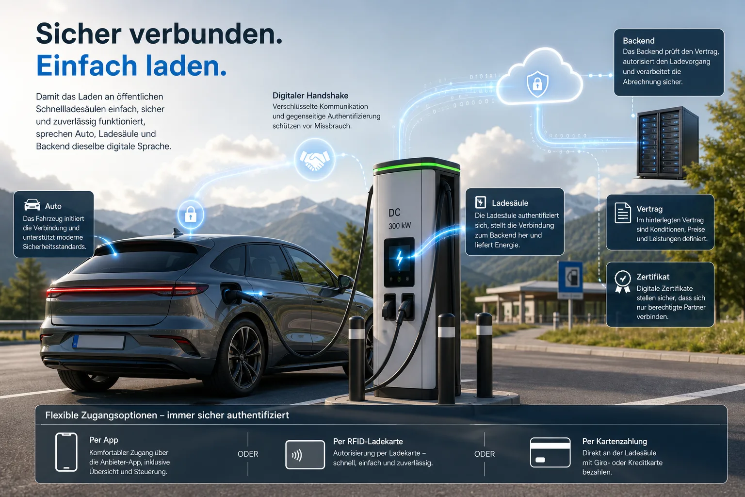 Editorial-Infografik: E-Auto, Ladesäule, Vertrag, Zertifikat und Backend als Plug-and-Charge-Kette