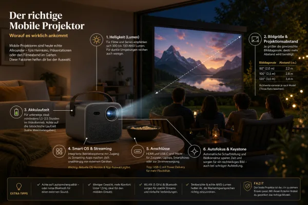 Portable Beamer 2026: Worauf es bei Helligkeit, Akku und Apps wirklich ankommt