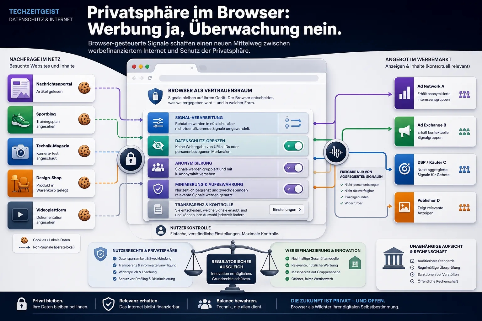 Infografik zur Privacy Sandbox: Browser, Cookies, Werbesignale und regulatorische Kontrolle im Web-Tracking.