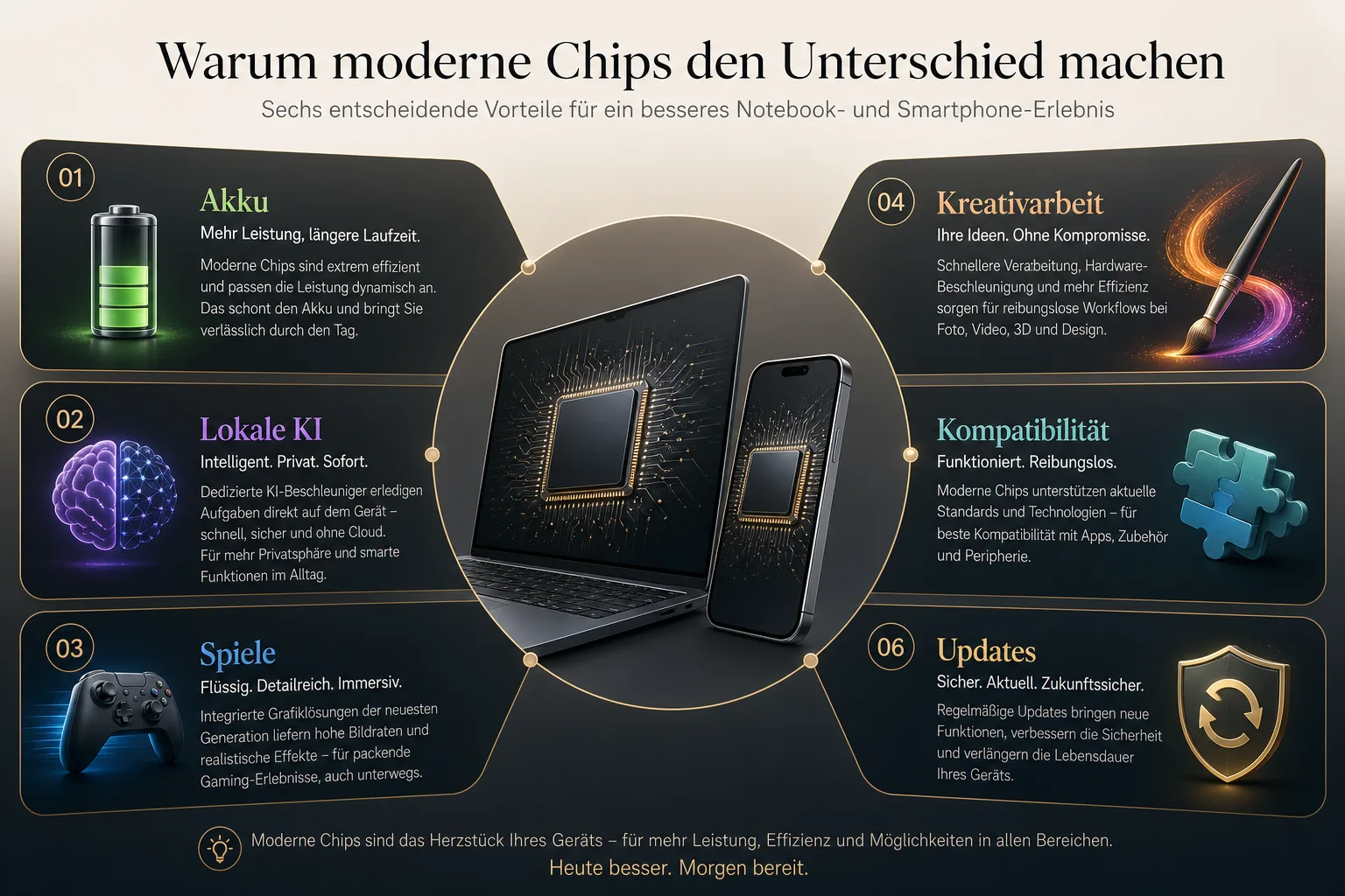 Infografik mit Alltagsszenarien für Prozessorwahl: Akku, lokale KI, Spiele, Arbeit, Updates und Kompatibilität.