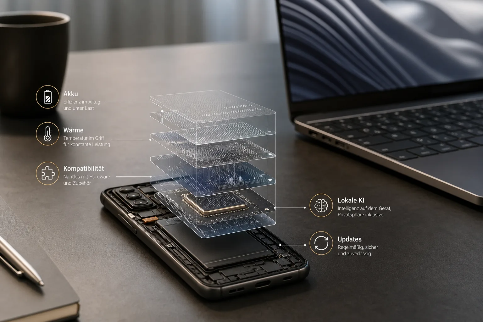 Editorial-Grafik zu Snapdragon, Core Ultra, Ryzen AI und Tensor als Entscheidungshilfe für Smartphone- und Laptopkauf.