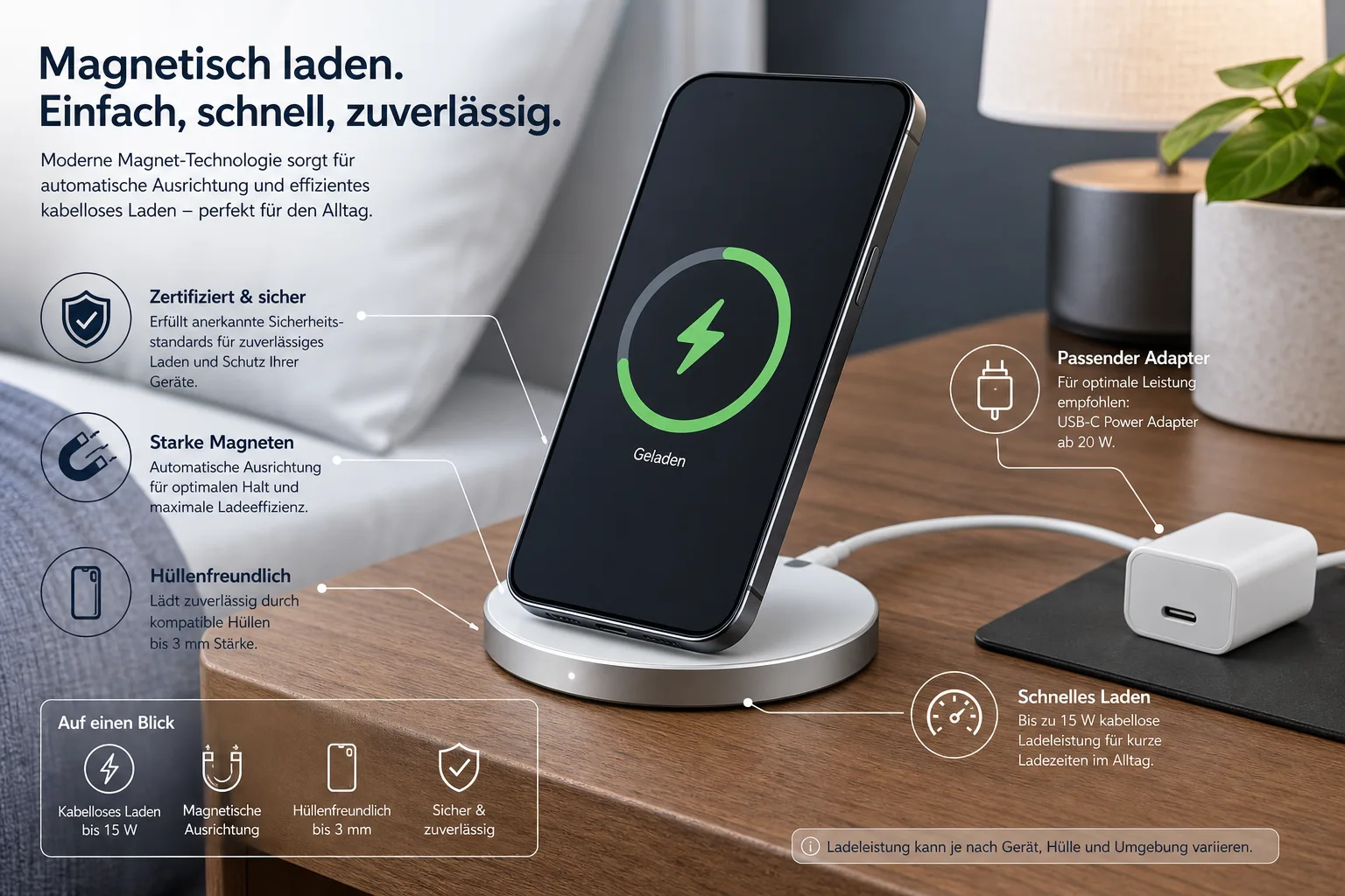 Editoriale Infografik eines Smartphones auf magnetischem kabellosem Ladegerät mit USB-C-Netzteil und Kompatibilitätshinweisen.