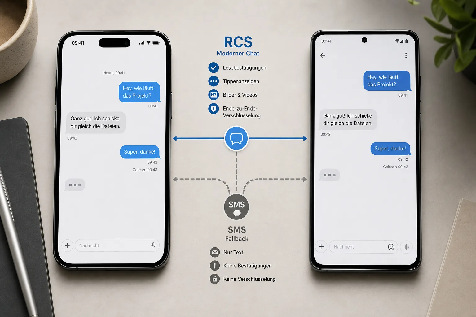 Zwei Smartphones zeigen den Unterschied zwischen RCS-Chat und SMS-Fallback.