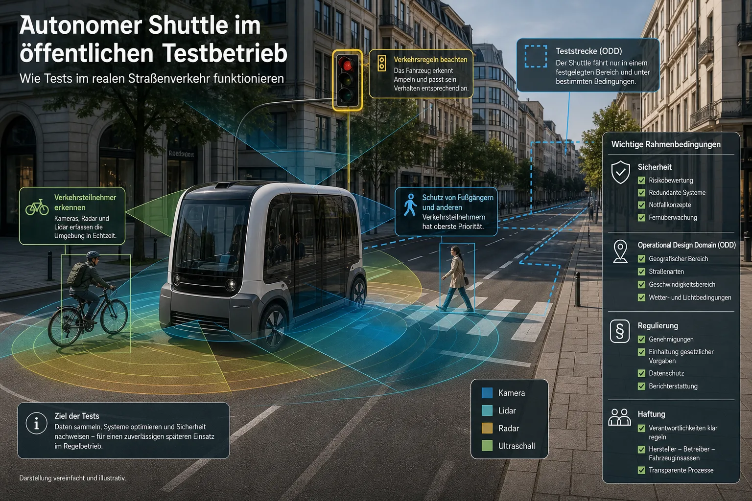 Editoriale Infografik eines generischen Robotaxis auf einer europäischen Stadtstraße mit Sensorfeldern, Teststrecke und Sicherheitssymbolen.