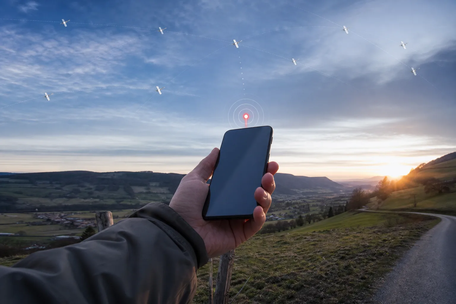 Editoriale Illustration eines Smartphones, das über Satellitenfunk außerhalb normaler Mobilfunkabdeckung verbunden bleibt.