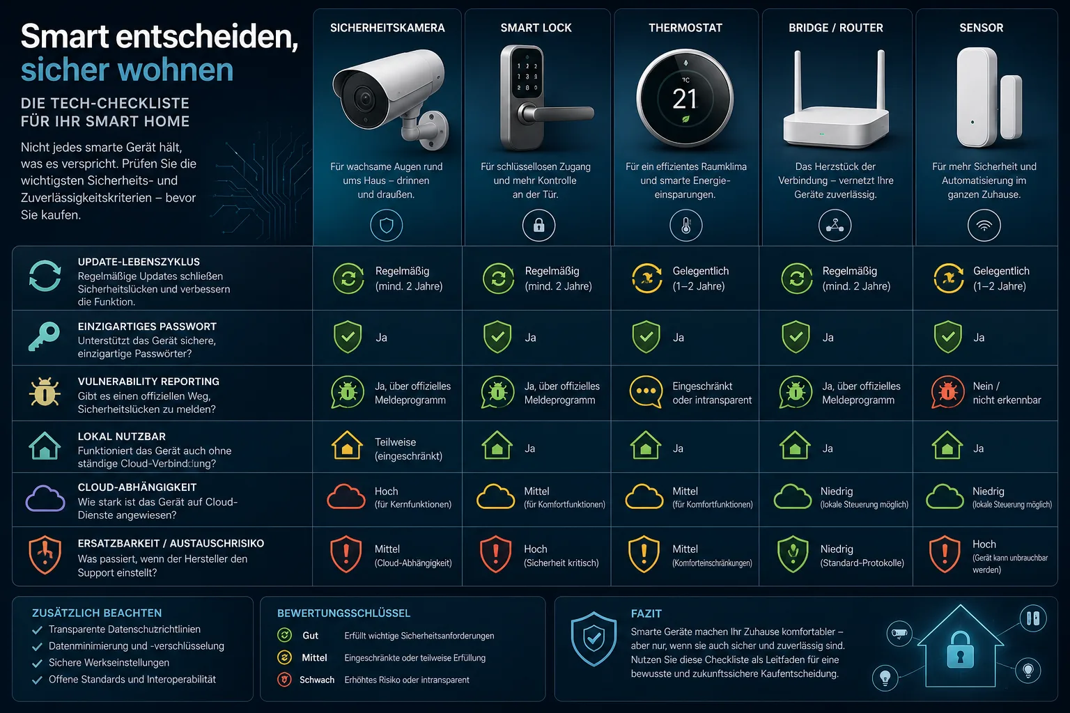 Editorial-Infografik mit Smart-Home-Geräten, Sicherheitsupdate-Symbolen, individuellem Passwort, Schwachstellenmeldung und Warnsignalen vor dem Kauf.