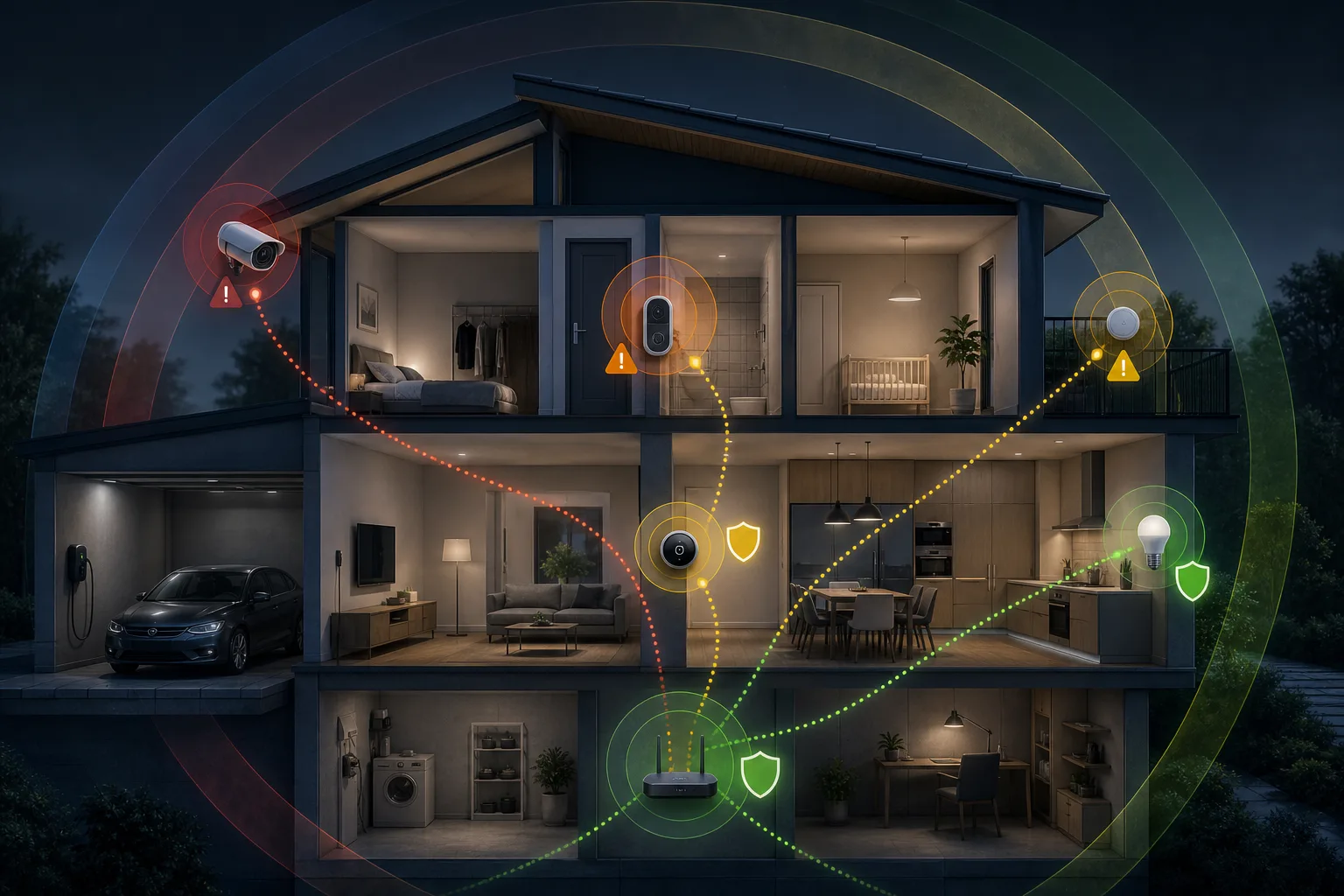 Grafische Einordnung verschiedener Smart-Home-Geräteklassen nach Sicherheitskritikalität, etwa Kamera, Schloss, Router, Sensor und Lampe.