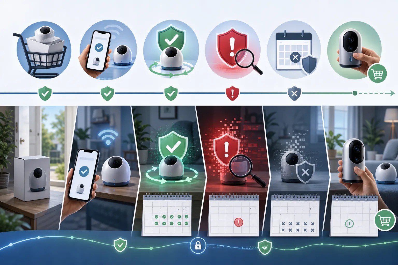 Infografik zum Lebenszyklus eines Smart-Home-Geräts von Kauf über Sicherheitsupdates bis Support-Ende und Austauschentscheidung.
