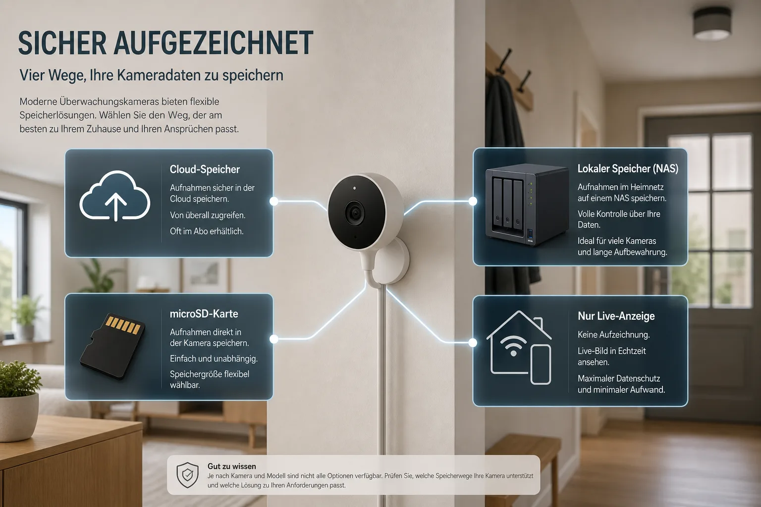Editorial-Infografik einer Smart-Home-Kamera mit Cloud, Speicherkarte, lokalem Server und Livebild als Speicheroptionen