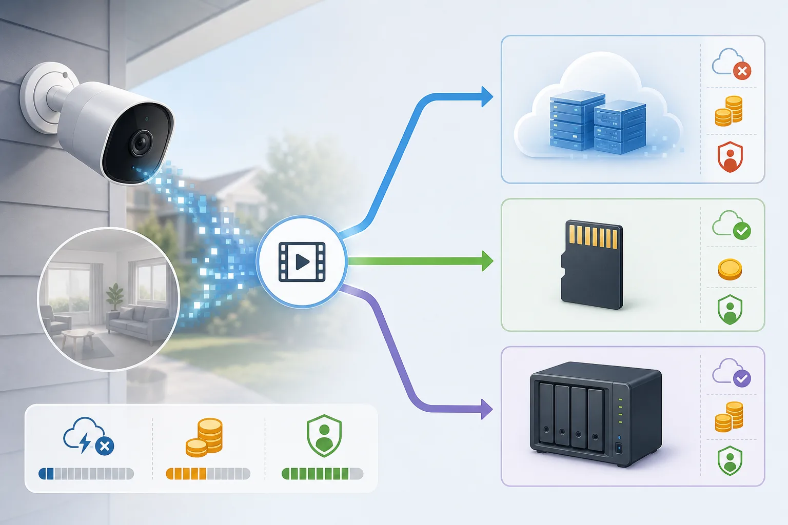 Infografik zum Weg von Kameraaufnahmen zu Cloud, lokaler Karte und Heimserver
