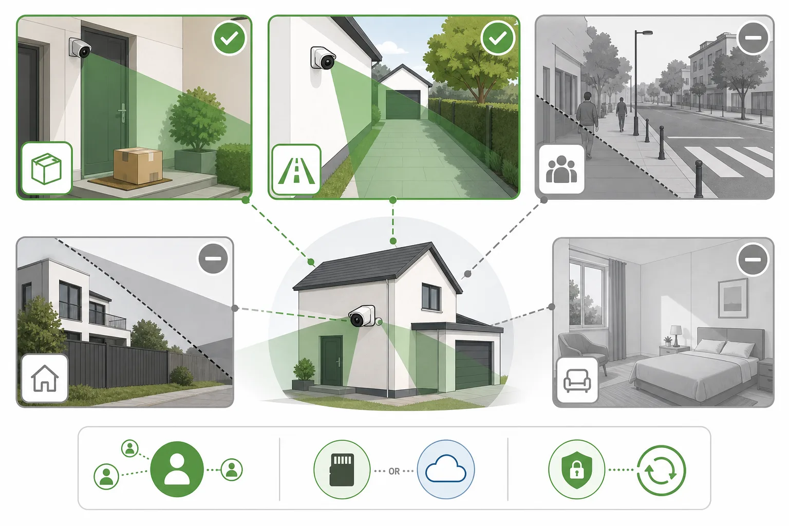 Infografik zur Zonenprüfung für Smart-Home-Kameras mit Eingang, Gehweg, Nachbargrundstück, Innenraum und Zugriffsrechten.