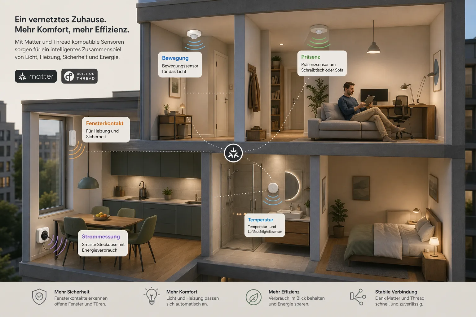 Infografik einer modernen Wohnung mit Bewegungsmelder, Präsenzsensor, Fensterkontakt, Temperaturfühler und Strommesssteckdose.