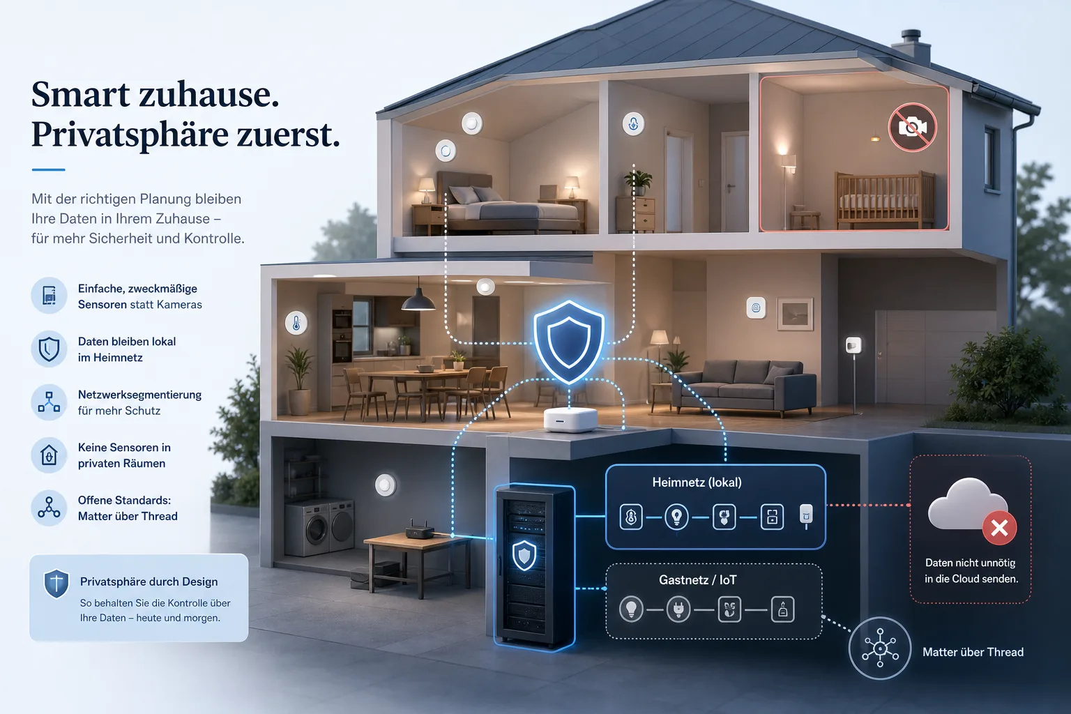 Illustration eines datensparsamen Smart Homes mit lokalen Sensoren, Schutzschild und getrenntem Heimnetz.
