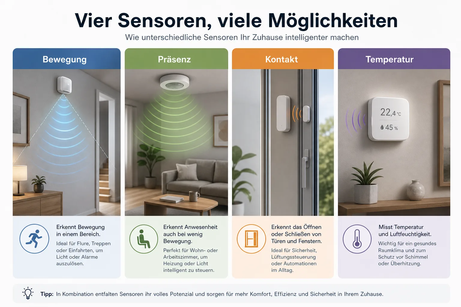 Erklärgrafik zum Unterschied zwischen Bewegungssensor, Präsenzsensor, Türkontakt und Temperaturfühler.