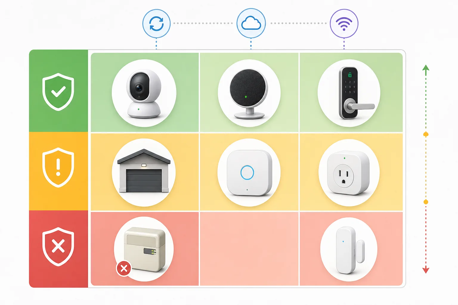 Infografik zur Priorisierung von Smart-Home-Geräten nach Zugriff auf Bild, Ton, Türen, Strom, Updates und Konten.