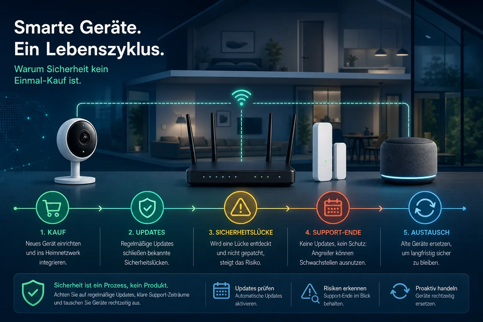 Grafik eines vernetzten Smart Homes mit Router, Kamera und Sensoren entlang einer Update- und Support-Zeitleiste.