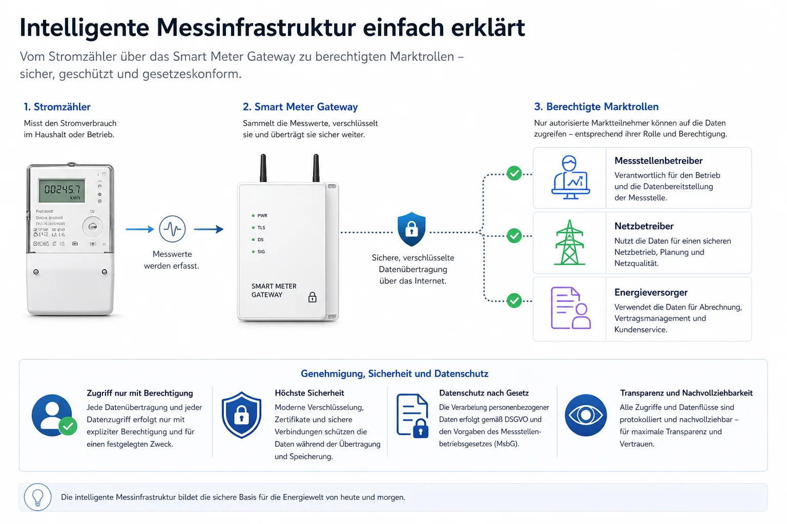 Schematische Darstellung des Datenflusses vom Stromzähler über das Smart Meter Gateway zu berechtigten Marktrollen.