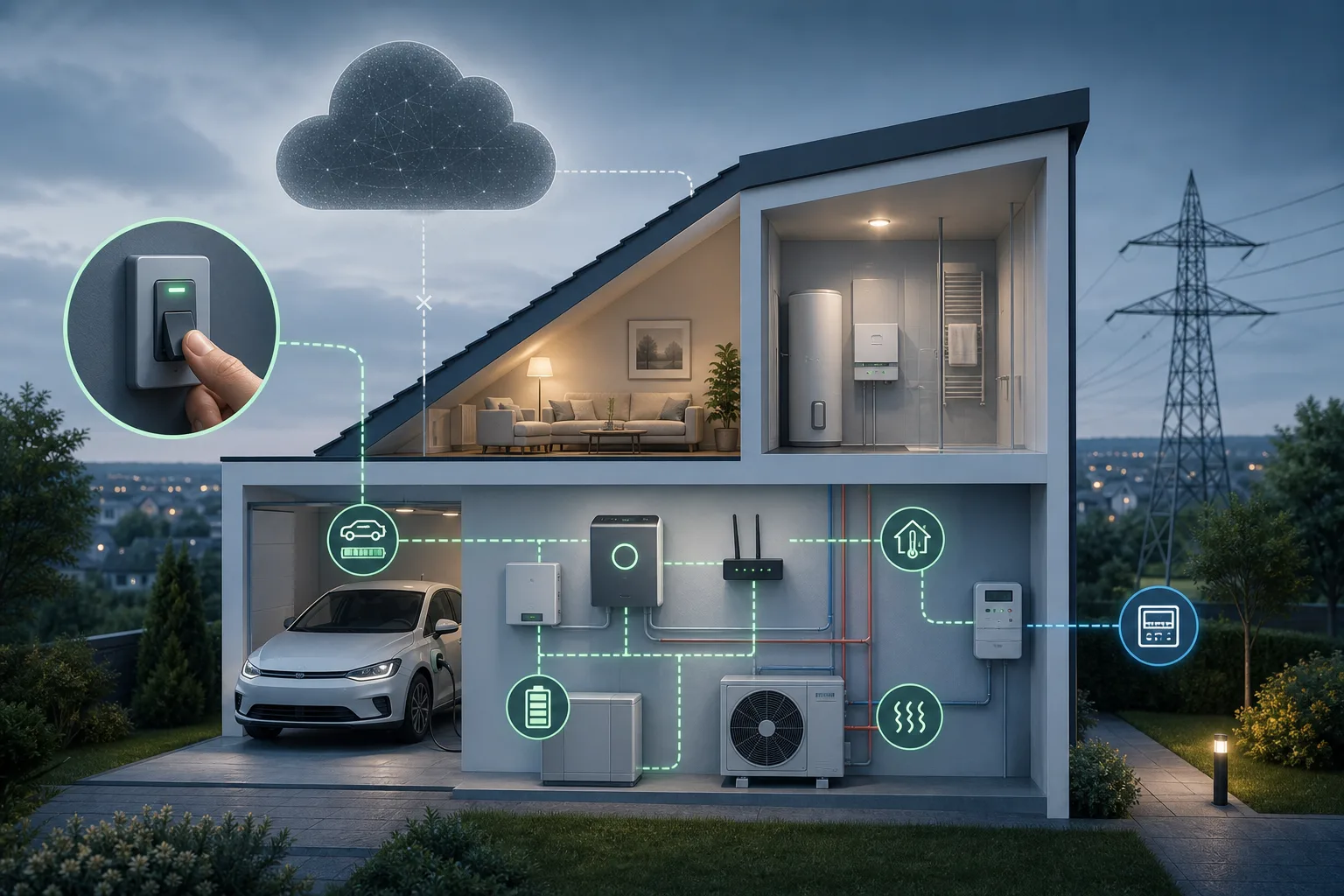 Grafik eines Energie-Smart-Homes mit lokalem Mindestbetrieb, manueller Übersteuerung und sicheren Default-Zuständen bei Cloud-Ausfall.
