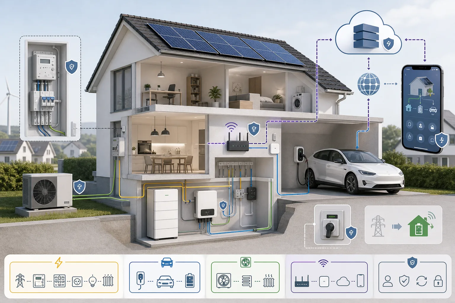 Isometrische Grafik eines Hauses mit Smart Meter, Wallbox, Wärmepumpe, Speicher, Router, Cloud-Verbindung und Sicherheits-Fallbacks.