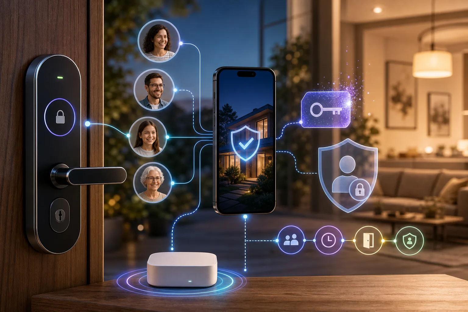 Schematische Darstellung von Smartphone, Türschloss, Benutzerrechten und Datenschutz bei einem smarten Schloss.
