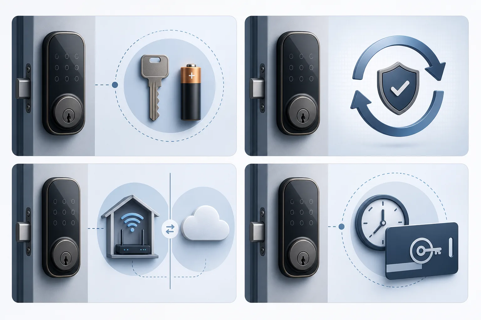 Infografik mit vier Symbolen für Notöffnung, Updates, Cloud oder lokale Nutzung und temporäre Zugänge bei Smart Locks.