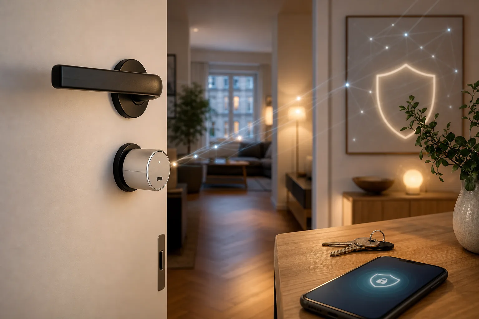 Modernes Wohnungstürschloss mit Smart-Lock-Nachrüstung, Smartphone und physischem Schlüssel als Sicherheitssymbol.