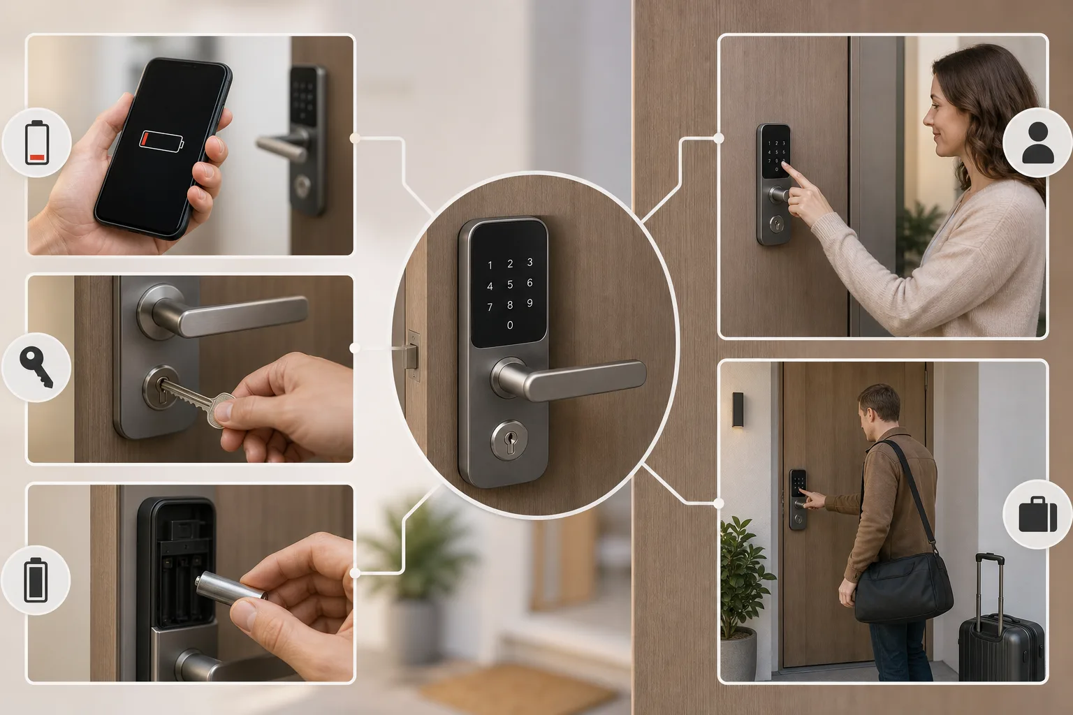 Infografik zu Notöffnung, leerem Smartphone-Akku, mechanischem Schlüssel und Ersatzberechtigung beim Smart Lock