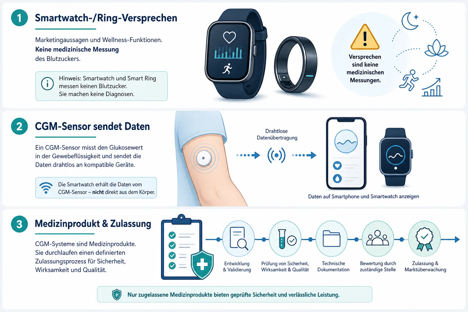 Infografik zu Smartwatch, CGM-Sensor und Medizinprodukt-Zulassung