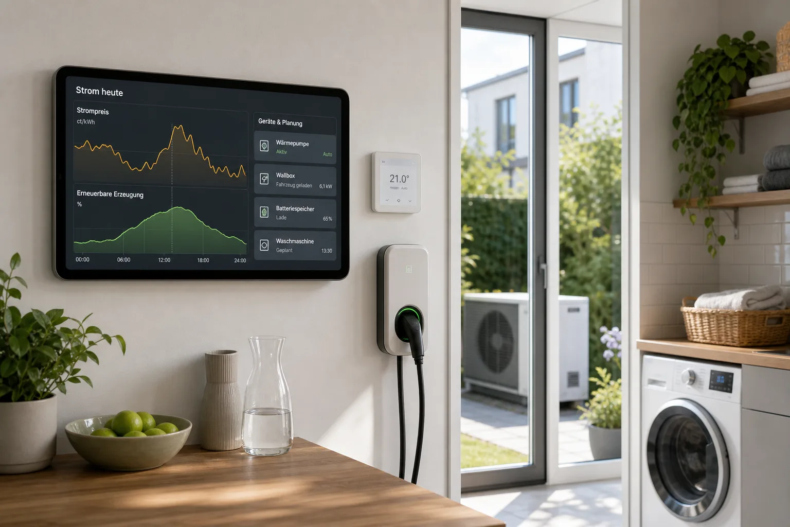Ein Haushalt nutzt Stromdaten zu Preisen und Erzeugung, um Wärmepumpe, Wallbox und Geräte besser zu planen.