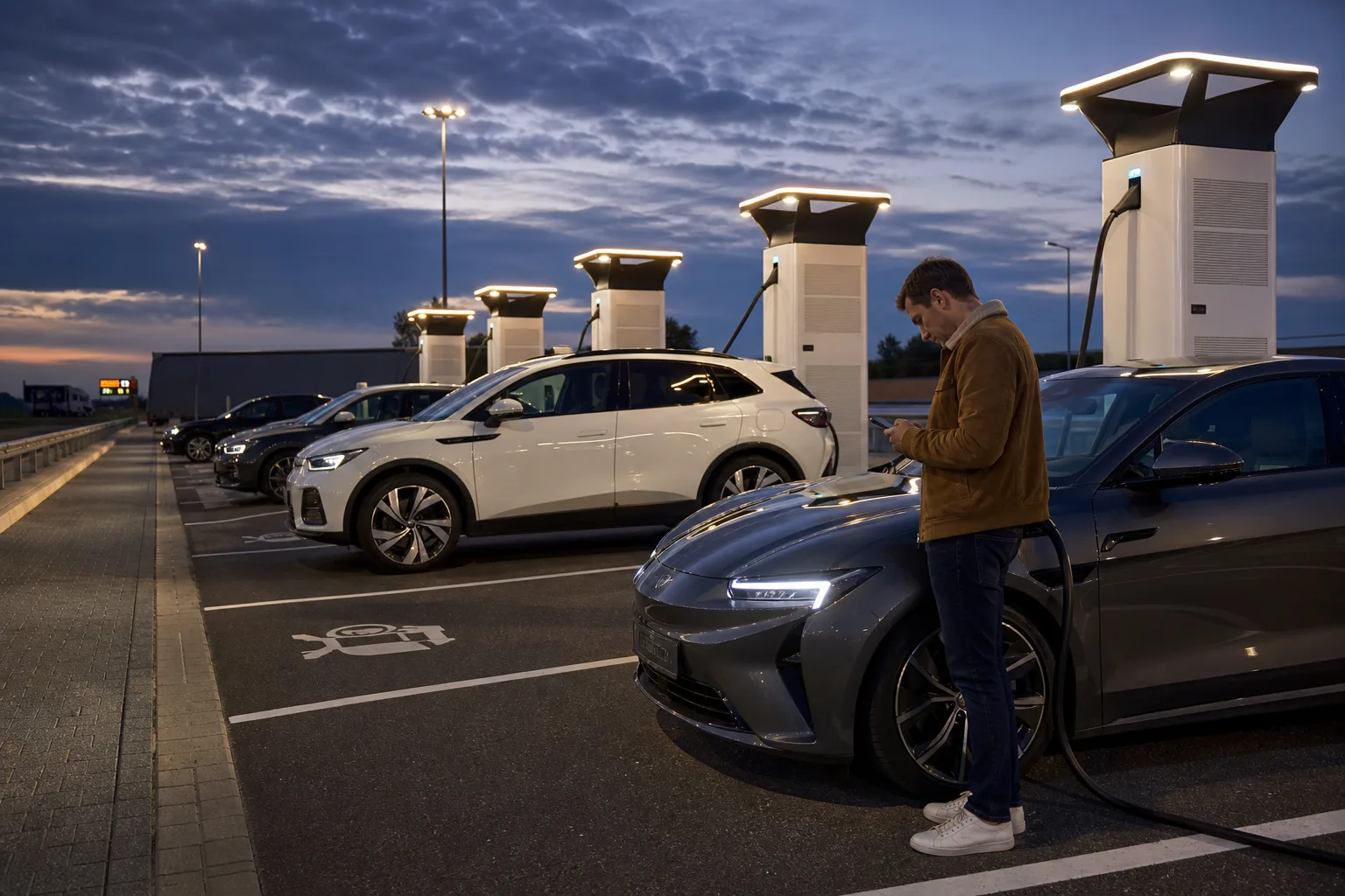 E-Auto-Fahrer prüft vor dem Schnellladen die Lade-App an einem europäischen Ladepark.