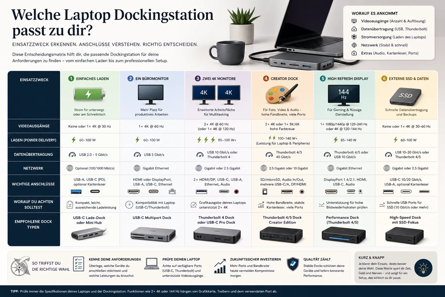 Entscheidungsgrafik für Laptop-Docks: Laden, ein Monitor, zwei 4K-Monitore, externe SSD und Creator-Setup.