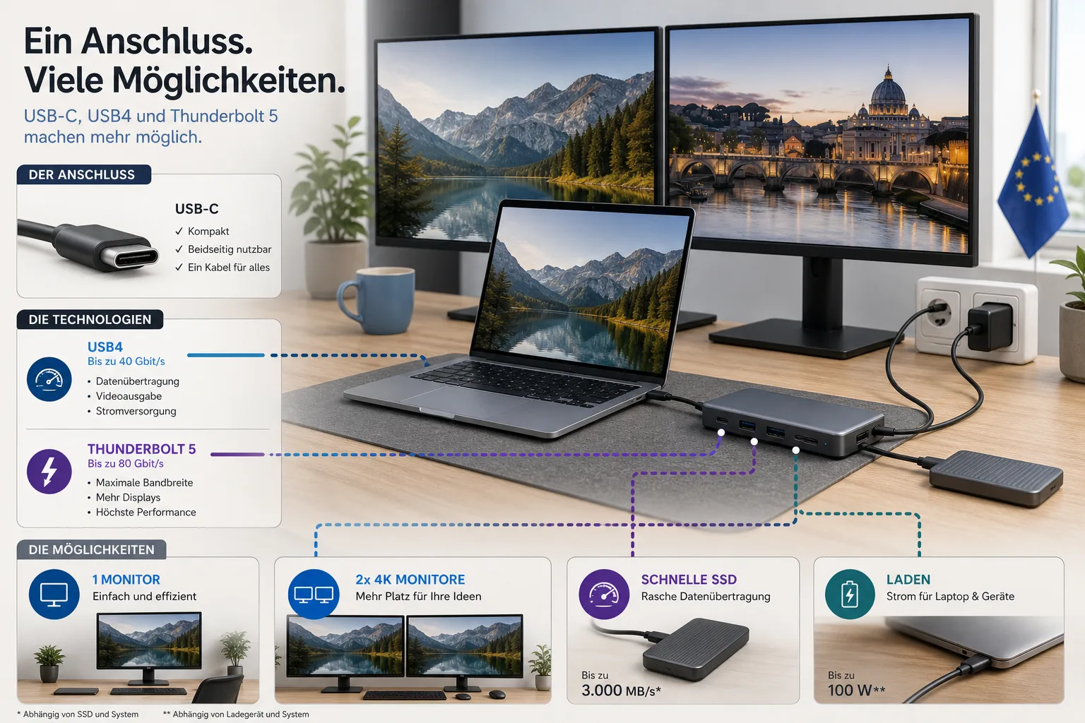 Infografik zu Thunderbolt 5, USB4 und USB-C: Laptop, Dock, Monitore, Ladegerät und externe SSD zeigen unterschiedliche Anschlussfunktionen.