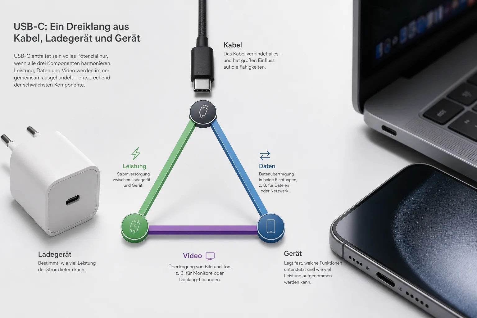 Konzeptgrafik zum USB-C-Dreieck aus Kabel, Ladegerät und Gerät
